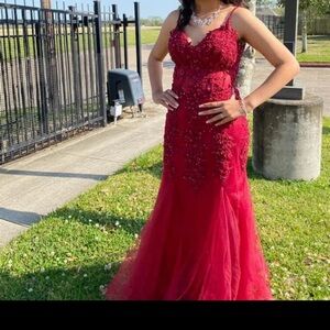 Elegant Red Beaded Evening Dress - Women's Formal Gown